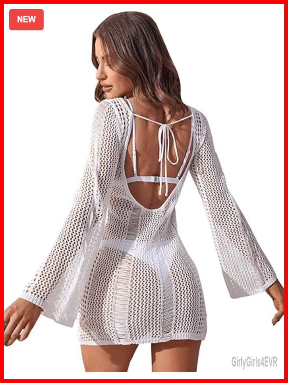 Crochet Long Sleeve Hollow Out Beach Cover Up Dress